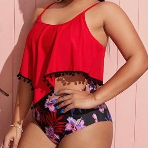 NWT: Red & floral, high-waist bikini set